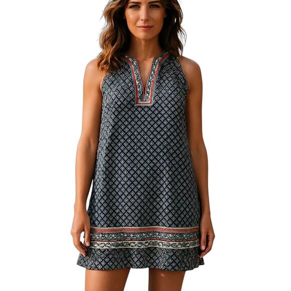 THML Faye Boho A Line Embroidered Halter V-Neck Geometric Dress Navy Large - Picture 1 of 6